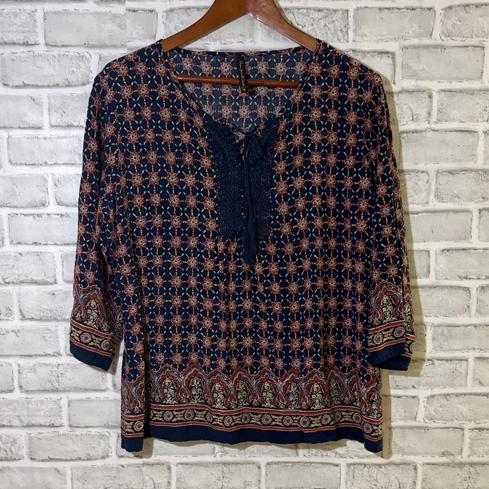 Denim jeans & casual Elegant Navy and Red Women's Blouse, size XXL 3/4 sleeve